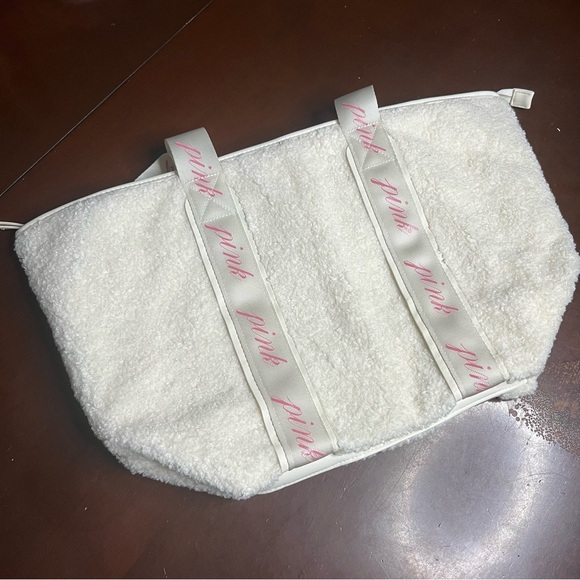 NWT PINK Victoria's Secret Sherpa Cream Tote Ribbon Straps Large Logo Cozy - Picture 8 of 12